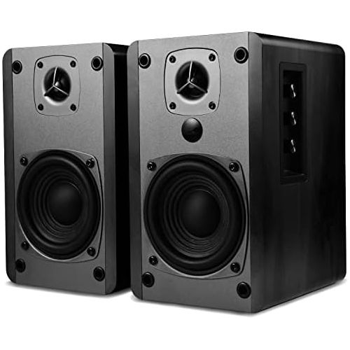  [아마존베스트]Singing Wood BT27 Powered Bluetooth Bookshelf Speaker Studio Monitor with 2 Auxiliary Line Input 27W x 2- Black Wood Grain Finish (Black)