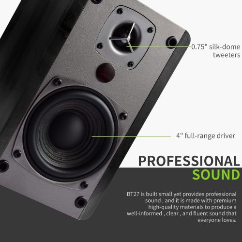  [아마존베스트]Singing Wood BT27 Powered Bluetooth Bookshelf Speaker Studio Monitor with 2 Auxiliary Line Input 27W x 2- Black Wood Grain Finish (Black)