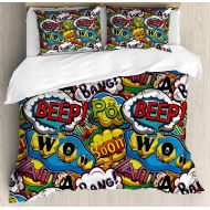 SINOVAL Superhero Duvet Cover Set Queen Size, Comics Speech Bubbles Beep Wow with Vivid Old Effects Boys Supernatural Print,Fashion 3 Piece Bedding Set with 2 Pillow Shams, Multico