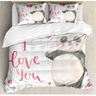 SINOVAL Girls Boys Child Queen Bedding Sets, I Love You Duvet Cover Set, Cute Panda Bear Holding A Balloon Valentines Hearts Watercolor Art, Include 1 Flat Sheet 1 Duvet Cover and 2 Pillow