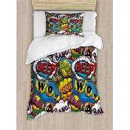 SINOVAL Superhero Duvet Cover Set Twin Size, Comics Speech Bubbles Beep Wow with Vivid Old Effects Boys Supernatural Print,Fashion 2 Piece Bedding Set with 1 Pillow Sham, Multicolo