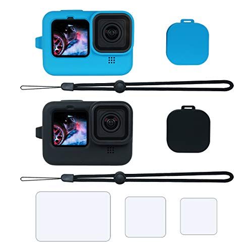  SIOTI Gopro 9 Silicone Case, Gopro 9 Silicone Sleeve Case,Hero 9 Silicone Housing, Gopro 9 Protector Cover with 2 Packs+ Lanyard + Lens Cap + 3Pcs Temperated Glass Protector for Go