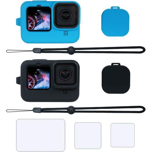  SIOTI Gopro 9 Silicone Case, Gopro 9 Silicone Sleeve Case,Hero 9 Silicone Housing, Gopro 9 Protector Cover with 2 Packs+ Lanyard + Lens Cap + 3Pcs Temperated Glass Protector for Go