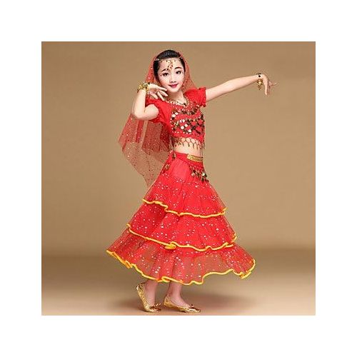  SISHUINIANHUA BRR-Dress Belly Dance Outfits Childrens Performance Spandex Chiffon Sequined Sequin Coin Short Sleeve Natural Top Skirt Hip Scarf Veil Headwear