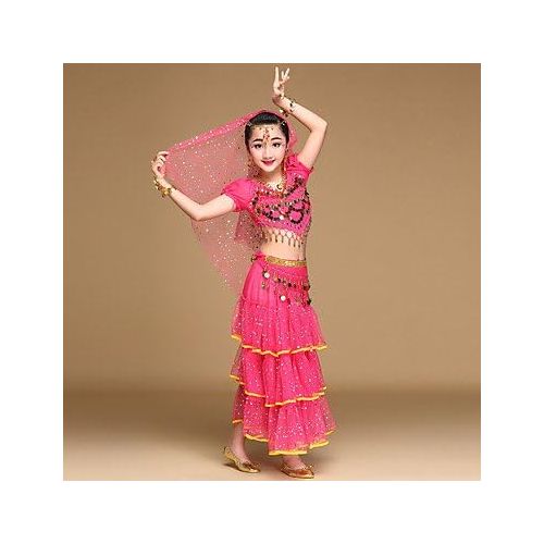  SISHUINIANHUA BRR-Dress Belly Dance Outfits Childrens Performance Spandex Chiffon Sequined Sequin Coin Short Sleeve Natural Top Skirt Hip Scarf Veil Headwear