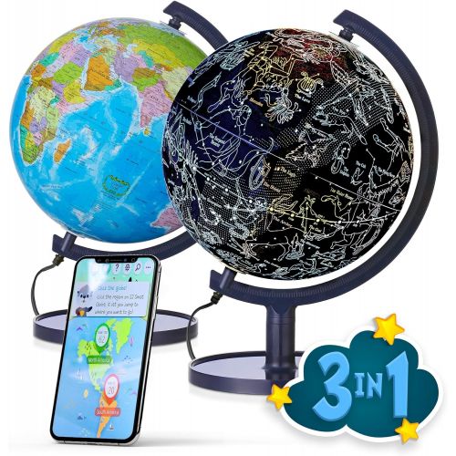  [아마존베스트]SJ Smart Globe with Interactive APP & LED Illuminated Constellations at Night, DIY, Easy to Assemble, Educational Content for Kids, USB Cord Included, US-Patented STEM Toy, 10 Worl