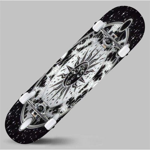  SKBAOD Vintage Elegant Hand Draw Work of Moon, Sun, Night Sky, Moon Phase, Outdoor Skateboard 31x8 Pro Complete Skate Board Cruiser 8 Layers Double Kick Concave Deck Maple Longboards for