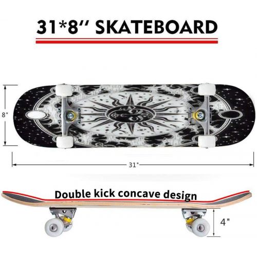  SKBAOD Vintage Elegant Hand Draw Work of Moon, Sun, Night Sky, Moon Phase, Outdoor Skateboard 31x8 Pro Complete Skate Board Cruiser 8 Layers Double Kick Concave Deck Maple Longboards for