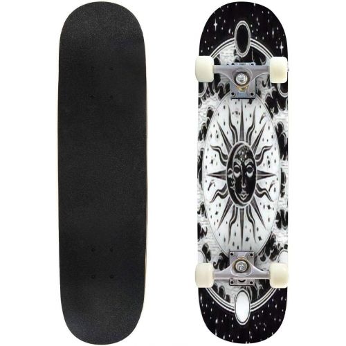  SKBAOD Vintage Elegant Hand Draw Work of Moon, Sun, Night Sky, Moon Phase, Outdoor Skateboard 31x8 Pro Complete Skate Board Cruiser 8 Layers Double Kick Concave Deck Maple Longboards for