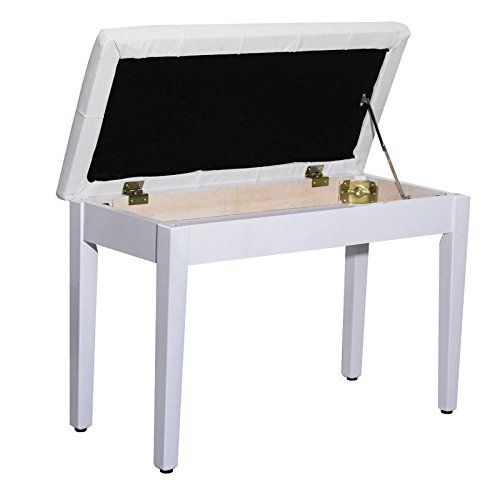  SKEMIDEX---White Ebony Wood Leather Piano Bench Padded Double Duet Keyboard Seat Storage (White) Wood Piano Bench Double Duet Leather Padded Keyboard Seat