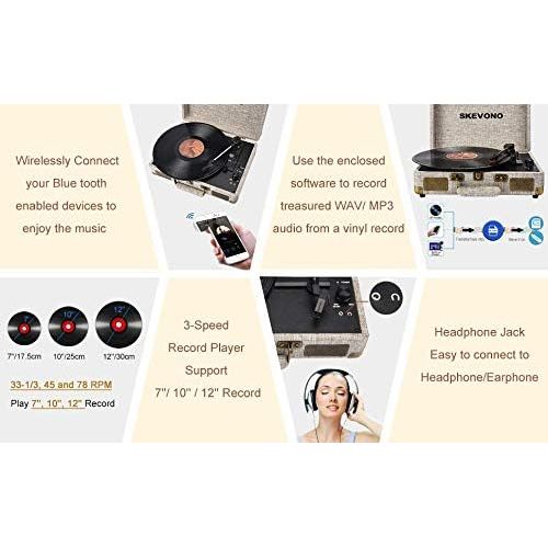  Vinyl Record Player, SKEVONO 3 Speed Portable Suitcase Turntable, Bluetooth Vintage Record Player with 2 Built-in Speakers, Supports RCA Output Headphone Jack Phone Music Playback