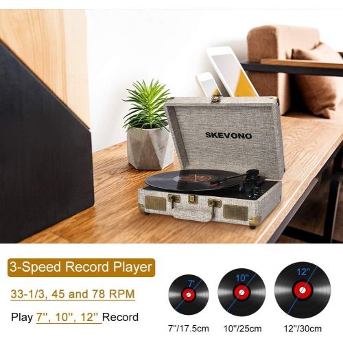  Vinyl Record Player, SKEVONO 3 Speed Portable Suitcase Turntable, Bluetooth Vintage Record Player with 2 Built-in Speakers, Supports RCA Output Headphone Jack Phone Music Playback