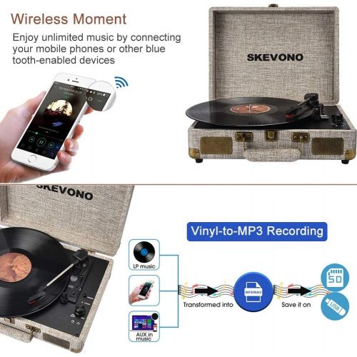  Vinyl Record Player, SKEVONO 3 Speed Portable Suitcase Turntable, Bluetooth Vintage Record Player with 2 Built-in Speakers, Supports RCA Output Headphone Jack Phone Music Playback