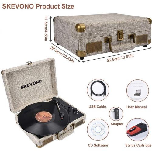  Vinyl Record Player, SKEVONO 3 Speed Portable Suitcase Turntable, Bluetooth Vintage Record Player with 2 Built-in Speakers, Supports RCA Output Headphone Jack Phone Music Playback