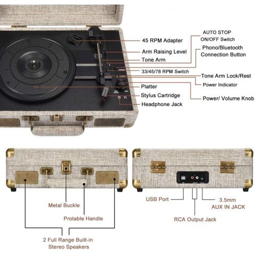  Vinyl Record Player, SKEVONO 3 Speed Portable Suitcase Turntable, Bluetooth Vintage Record Player with 2 Built-in Speakers, Supports RCA Output Headphone Jack Phone Music Playback