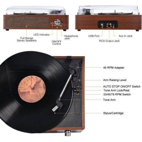  Record Player, SKEVONO Portable 3 Speed Vinyl Turntable, Bluetooth Vintage Record Player with Built-in Speakers, Supports Headphone Jack/Aux Input/ RCA Line Out (Wooden Classic)