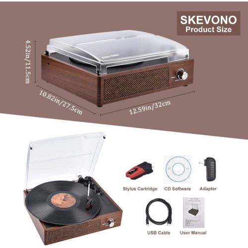  Record Player, SKEVONO Portable 3 Speed Vinyl Turntable, Bluetooth Vintage Record Player with Built-in Speakers, Supports Headphone Jack/Aux Input/ RCA Line Out (Wooden Classic)