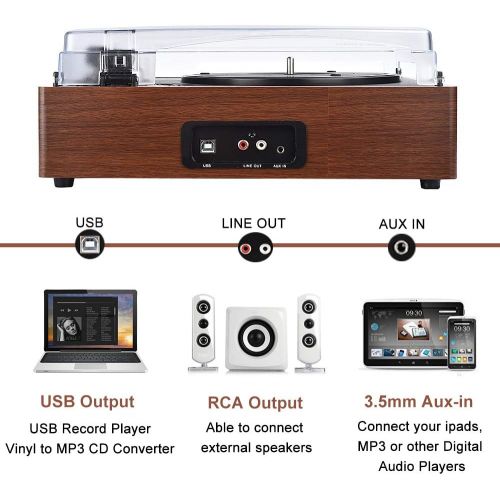  Record Player, SKEVONO Portable 3 Speed Vinyl Turntable, Bluetooth Vintage Record Player with Built-in Speakers, Supports Headphone Jack/Aux Input/ RCA Line Out (Wooden Classic)