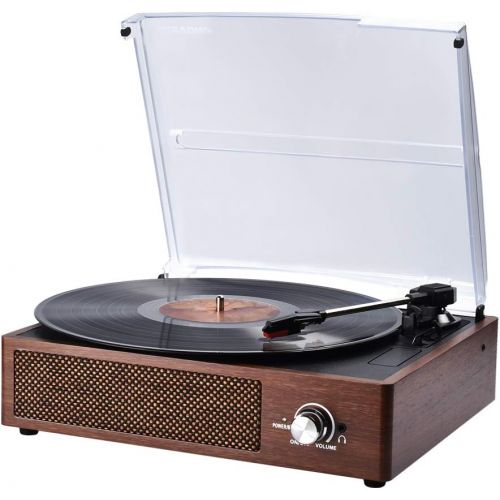  Record Player, SKEVONO Portable 3 Speed Vinyl Turntable, Bluetooth Vintage Record Player with Built-in Speakers, Supports Headphone Jack/Aux Input/ RCA Line Out (Wooden Classic)