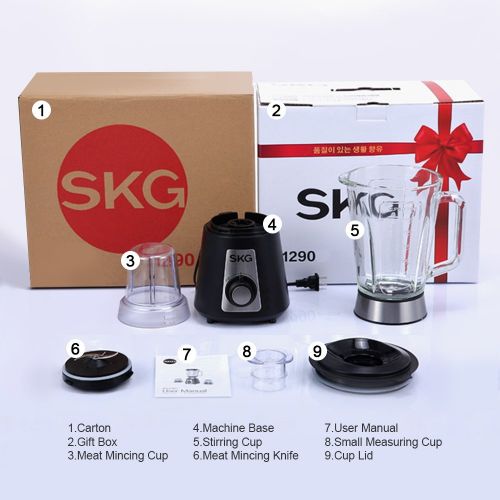  SKG Professional Blender Mixer Personal Blender 1500ml glass jar 2 Speeds with HIGHLOW speeds control with a Meat Mincing Cup, Black900W