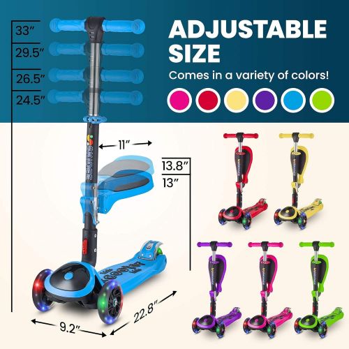  SKIDEE Kick Scooters for Kids 2-12 Years Old - Foldable Scooter with Removable Seat, 3 LED Light Wheels, Back Wheel Brake, Wide Standing Board, and Adjustable Height - 110 Lbs Capa