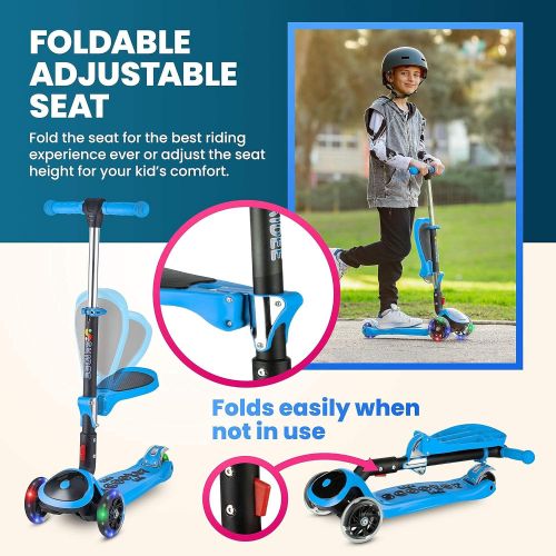  [아마존베스트]SKIDEE Kick Scooters for Kids 2-12 Years Old - Foldable Scooter with Removable Seat, 3 LED Light Wheels, Back Wheel Brake, Wide Standing Board, and Adjustable Height - 110 Lbs Capa