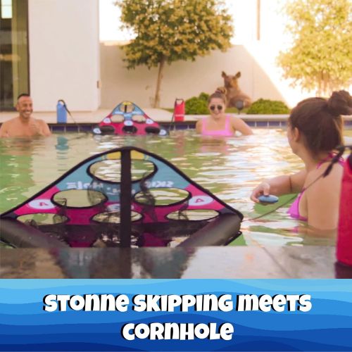  SKIP NN HOLE Pool Game Skipping Stone Swimming Pool Cornhole Game For Pool or Lake Skipping Stone Pool Cornhole Game with Floating Targets Perfect Pool Toys For Kids Ages 8-12 And