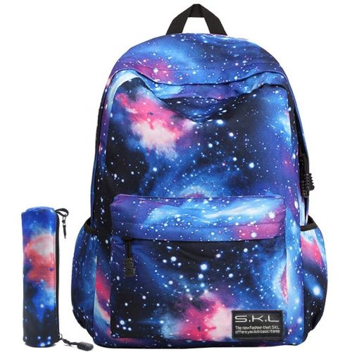  Galaxy School Backpack, SKL School Bag Student Stylish Unisex Canvas Laptop Book Bag Rucksack Daypack for Teen Boys and Girls(Blue with Pencil Bag)