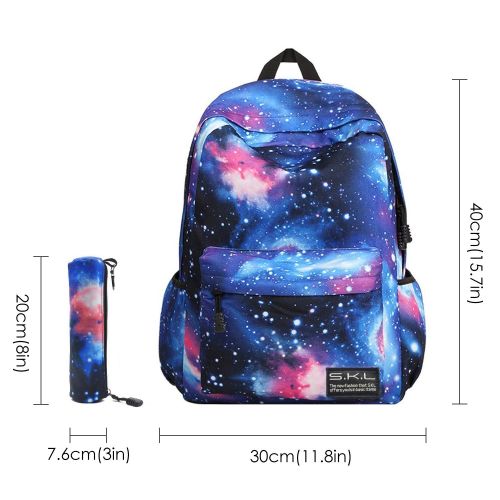  Galaxy School Backpack, SKL School Bag Student Stylish Unisex Canvas Laptop Book Bag Rucksack Daypack for Teen Boys and Girls(Blue with Pencil Bag)