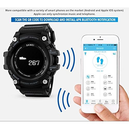  SKMEI Bluetooth Heart Rate Moniter Smart Wristwatches Man Military Hours Men Sport Digital Analog Watch (Black)