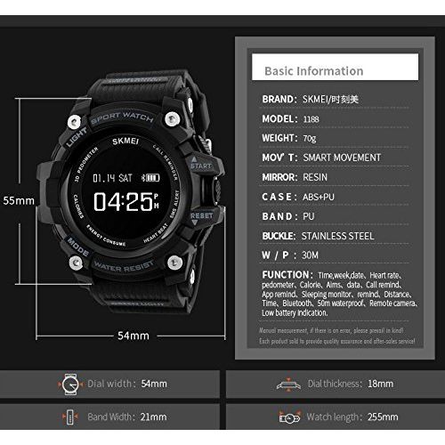  SKMEI Bluetooth Heart Rate Moniter Smart Wristwatches Man Military Hours Men Sport Digital Analog Watch (Black)