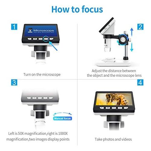  [아마존베스트]LCD Digital Microscope, Skybasic 4.3 Inch 50X-1000X Magnification Zoom HD 1080P 2 Megapixel 2600mAh Battery USB Microscope with 8 Adjustable LED Lights Camera Microscope with 8G TF