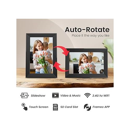  10.1 Inch Digital Picture Frame with 32GB Storage, FRAMEO WiFi Digital Photo Frame, 1280 * 800 IPS Touch Screen, Auto-Rotate Slideshow, Easy to Share Photo/Video via Free App