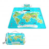 SLHFPX World Map Animals Ocean Flora Picnic Blanket Outdoor Picnic Blanket Tote Water-Resistant Backing Handy Camping Beach Hiking Mat 57 x 59