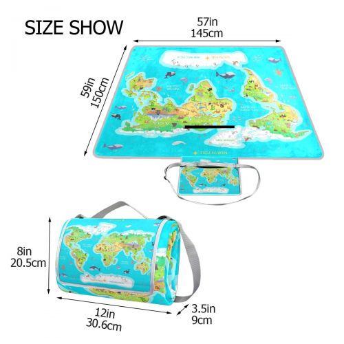  SLHFPX World Map Animals Ocean Flora Picnic Blanket Outdoor Picnic Blanket Tote Water-Resistant Backing Handy Camping Beach Hiking Mat 57 x 59