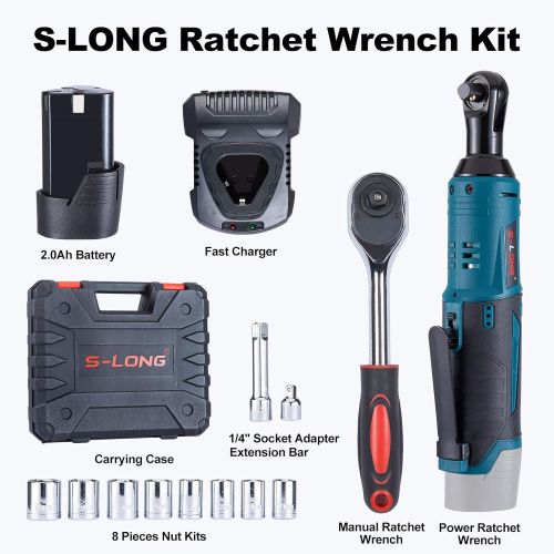  [아마존베스트]S-LONG Cordless Electric Ratchet Wrench Set, 3/8 400 RPM 40 Ft-lbs 12V Power Ratchet Driver with 10 Sockets, 2000mAh Lithium-Ion Battery and 60-Min Fast Charge