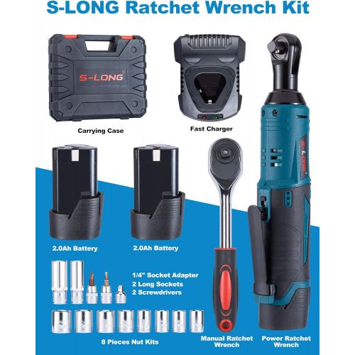  [아마존베스트]S-LONG Cordless Ratchet Wrench Set, 3/8 400 RPM 40 Ft-lbs 12V Power Electric Ratchet Driver with 12 Sockets, Two 2000mAh Lithium-Ion Batteries and 60-Min Fast Charge