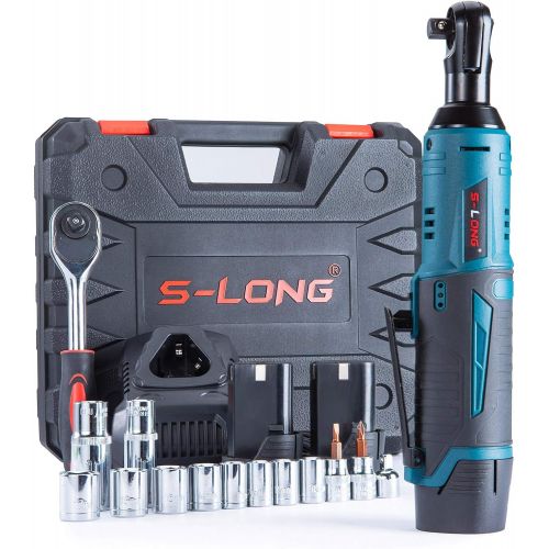  [아마존베스트]S-LONG Cordless Ratchet Wrench Set, 3/8 400 RPM 40 Ft-lbs 12V Power Electric Ratchet Driver with 12 Sockets, Two 2000mAh Lithium-Ion Batteries and 60-Min Fast Charge