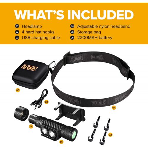  SLONIK Headlamp Rechargeable - 1000 Lumen LED USB Rechargeable Headlight w/ 2200 mAh Battery - IPX8 Waterproof Head Lamp with Bright 60 ft Flashlight Beam - Hiking & Outdoor Campin