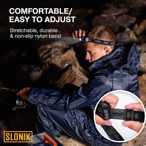 SLONIK 600 Lumens LED Headlamp Rechargeable with Head Strap ? Ultra Bright Heavy-Duty Waterproof Headlamp for Adults - Hard Hat Light for Mechanics & Construction Workers - Running