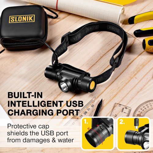  SLONIK LED Headlamp Flashlight - 500 Lumen USB Rechargeable Headlight w/ 2200 mAh Battery - IPX8 Waterproof Head Lamp with Bright 30 ft Beam - Camping Gear & Hard Hat Accessories,