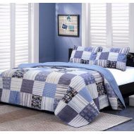 SLPR Cozy Line Home Fashions Daniel Denim Navy/Blue/White Plaid Striped Real Patchwork Cotton Quilt Bedding Set, Reversible Coverlet,Bedspread Gifts for Boy/Men/Him (Denim Patchwork, Ki