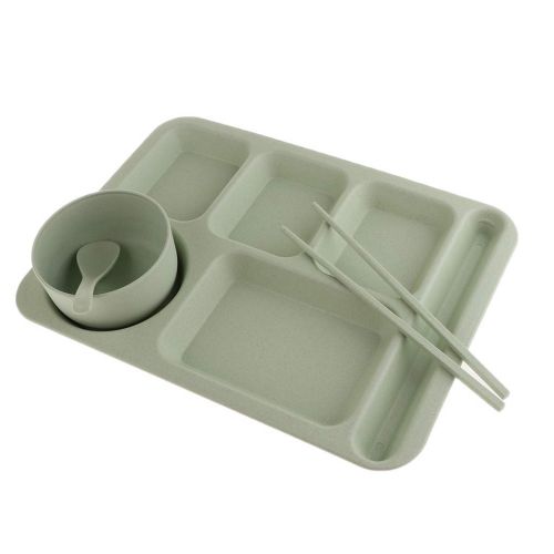  SM SunniMix Plastic Divided Serving Tray - Rectangle Dinner Platter/Plate - with free Bowl Spoon and Chopsticks - Green