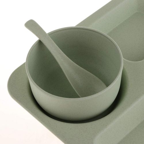  SM SunniMix Plastic Divided Serving Tray - Rectangle Dinner Platter/Plate - with free Bowl Spoon and Chopsticks - Green