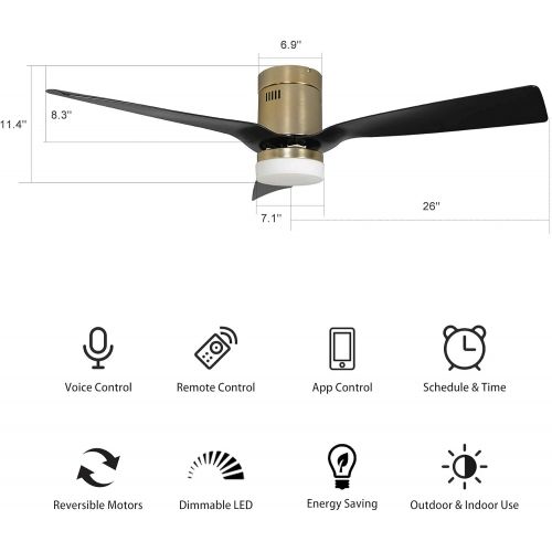  SMAAIR 52 Inch Smart Ceiling Fan with Lights and 10-speed DC Motor, Works with Remote Control/Alexa/Google Home/Siri, Dimmable LED Light (Gold/Black)