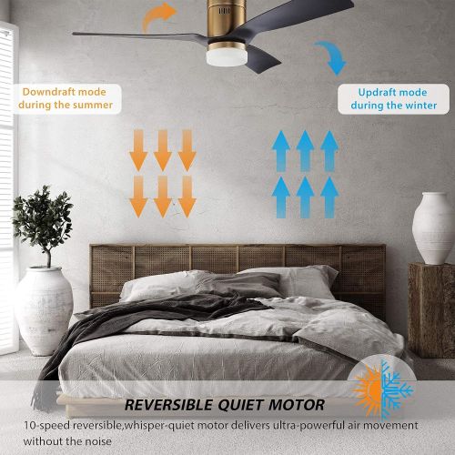  SMAAIR 52 Inch Smart Ceiling Fan with Lights and 10-speed DC Motor, Works with Remote Control/Alexa/Google Home/Siri, Dimmable LED Light (Gold/Black)