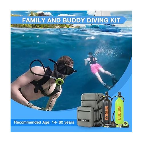  SMACO Mini Scuba Tank S700 1.9L Portable Diving Tank (2 Pcs) Reusable Scuba Pony Bottle Backup Dive Air Cylinder with 25-30 Minutes Family and Buddy Kit for Underwater Exploration Rescue