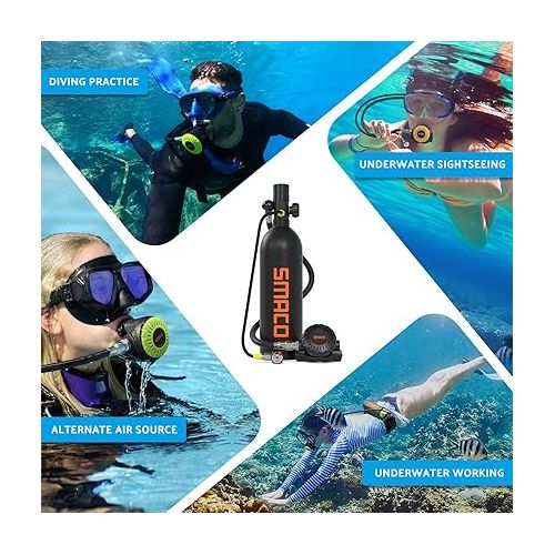  SMACO Scuba Tank with 1L Capacity Mini Scuba Tank Support About 15 Minutes Underwater Breathing Devices Diving Oxygen Tanks Scuba Cylinder for Underwater Sightseeing/Underwater Work/Backup Cylinder