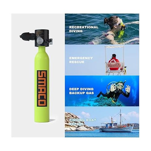  SMACO S300 Plus Mini Scuba Tank 0.5L Portable Mini Diving Tank Reusable Pony Bottle ?DOT Certified Tank with 5-10 Minutes Backup Diving Cylinder Kit with Pump for Underwater Exploration Rescue