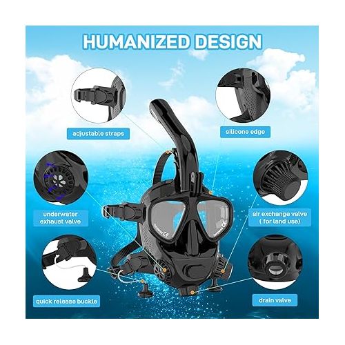  Full Face Dive Mask Support Diving & Snorkeling, Full Face Snorkel Mask Adjustable Scuba Mask with Camera Mount Provide 180° View Panoramic Compatiable with SMACO 1L/1.9L Mini Scuba Tanks